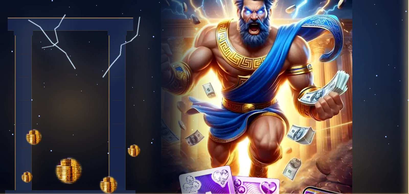 Gerbang batu Olimpus dengan petir dan koin emas, serta karakter resmi thor berjubah biru dari artwork brand